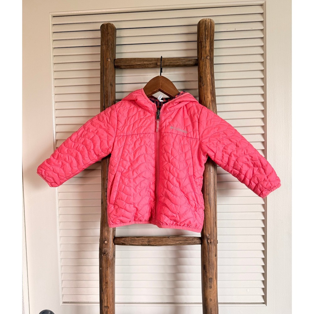 Columbia‎ Kids Reversible Jacket Pink Quilted Plaid Hooded Fleece  18 24 months